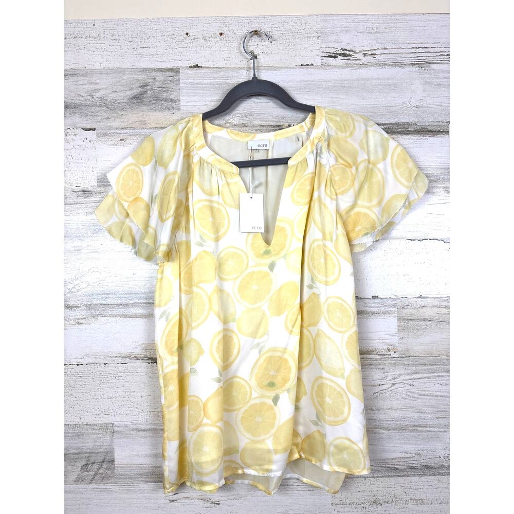 ECRU Womens L Yellow White Lemon Print Lined Ruffle Short Sleeve Blouse NWT